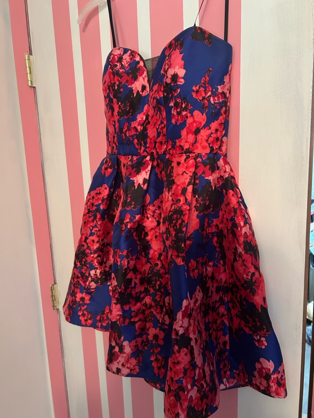 Blue and Pink Floral Strapless Party Dress